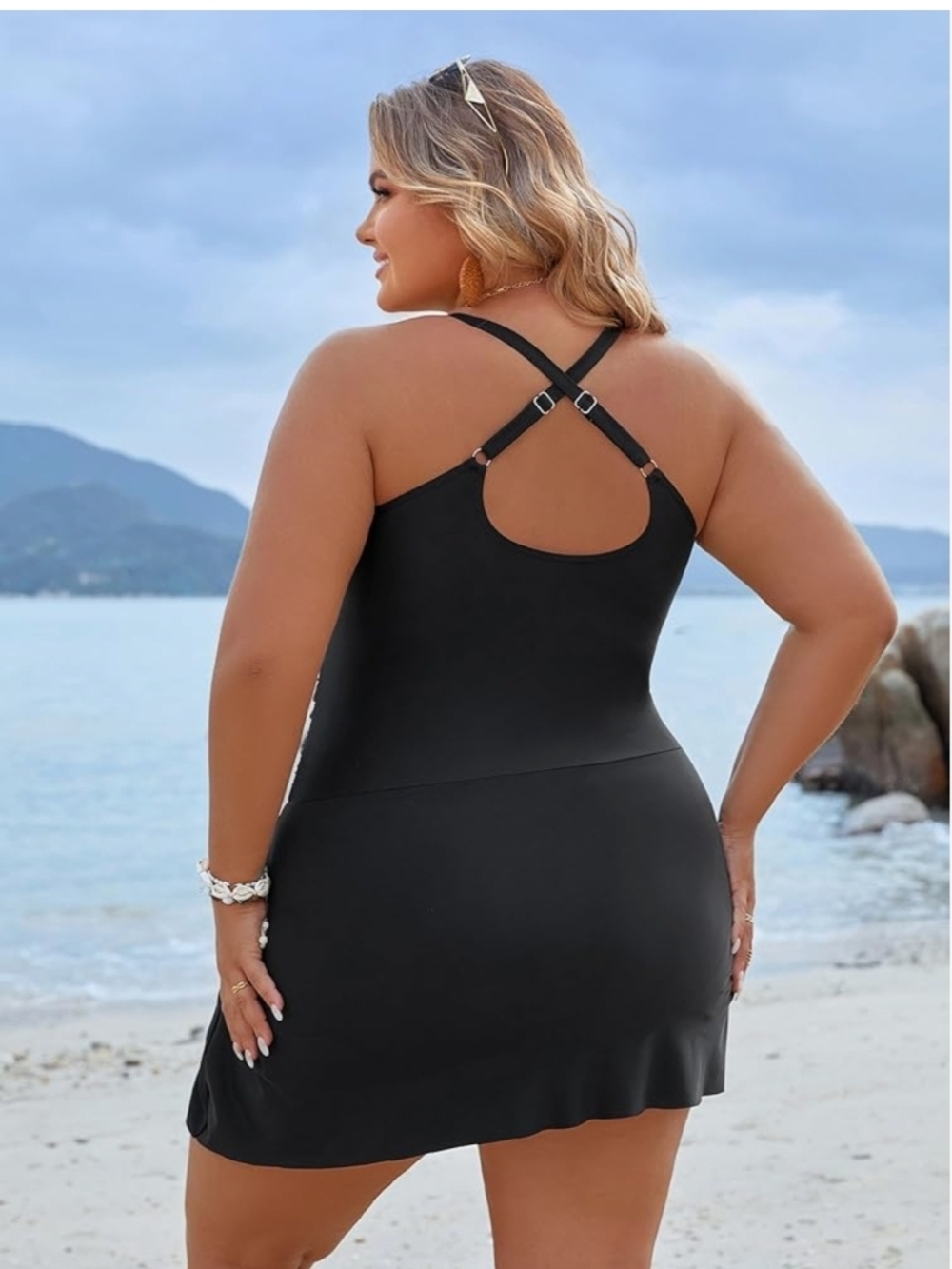 BLOOMING JELLY - 3X Black 1 Piece V-Neck Swim Dress with Side Knot - Picture 3 of 12